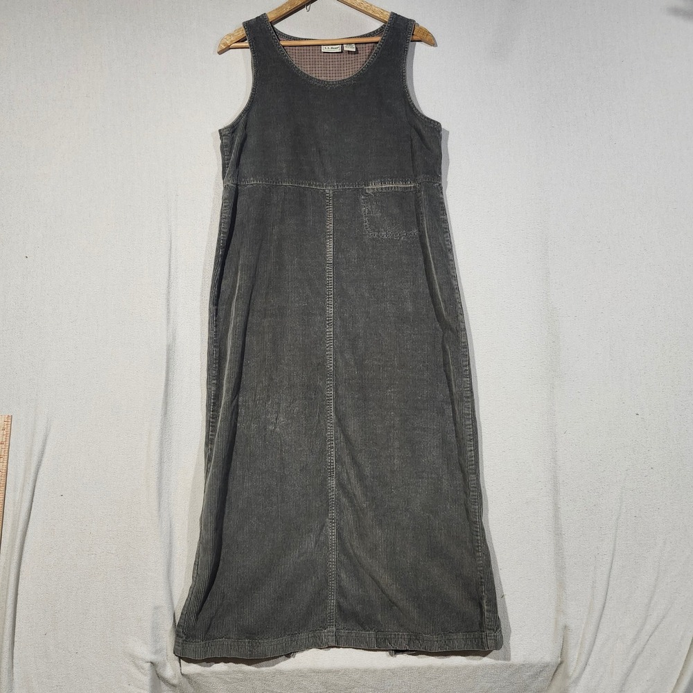 LL Bean Vtg 90s Womens Olive Gray Corduroy Jumper Dress Cotton Tencel Midi 8-REG